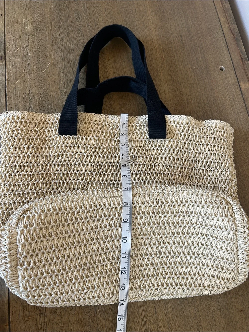 Divided Woven Straw Tote Bag with Black Straps - Neutral Color. NWOT.